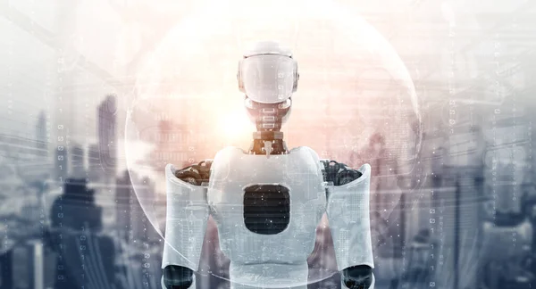 Ilustracja 3D robot humanoid patrząc do przodu przed panoramą miasta — Zdjęcie stockowe