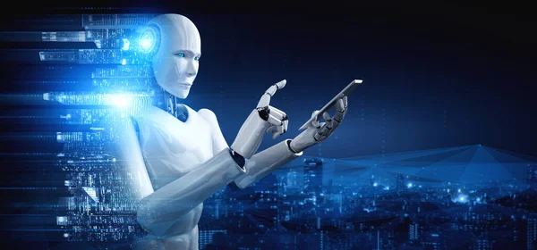 Humanoide Roboter nutzen Mobiltelefon oder Tablet für globale Netzwerkverbindung — Stockfoto
