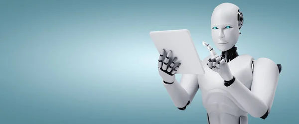 Humanoide Roboter mit Tablet-Computer im künftigen Büro — Stockfoto