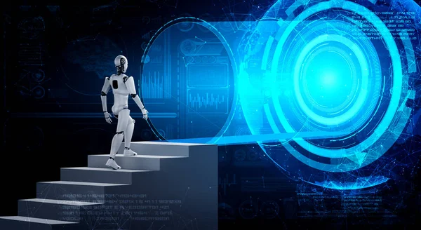 3D rendering robot humanoïde lopen trap naar succes — Stockfoto