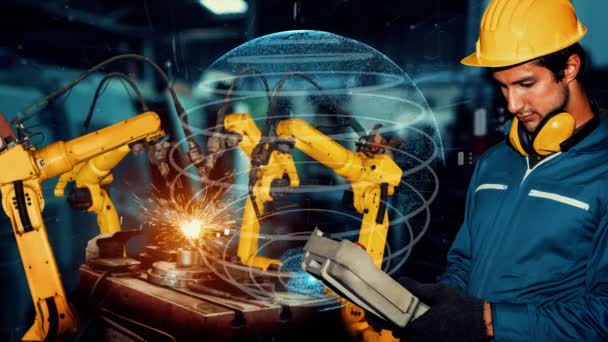 Modernizacja broni robotów inteligentnego przemysłu dla cyfrowej technologii fabrycznej — Wideo stockowe