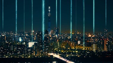 Bağlantı ağını gösteren, küreselleşme soyut grafiğine sahip akıllı dijital şehir