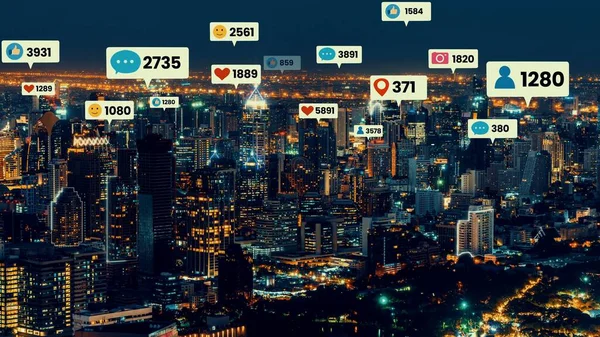 Social media icons fly over city downtown showing people engagement connection