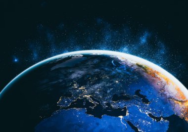 Dünya gezegeninin uzaydan görünüşü gerçekçi dünya yüzeyini ve dünya haritasını gösteriyor