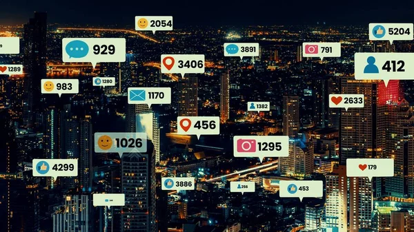 Social media icons fly over city downtown showing people engagement connection — Stock Photo, Image