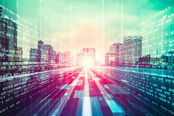 Digital data flow on road with motion blur to create vision of fast speed transfer