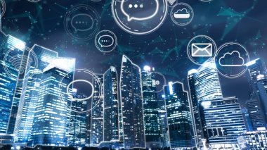 Bağlantı ağını gösteren, küreselleşme soyut grafiğine sahip akıllı dijital şehir