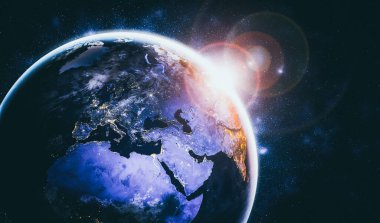 Dünya gezegeninin uzaydan görünüşü gerçekçi dünya yüzeyini ve dünya haritasını gösteriyor