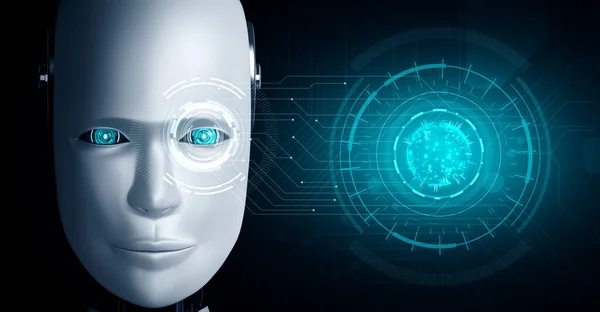 Robot humanóide rosto de perto com o conceito gráfico de pensamento AI cérebro — Fotografia de Stock