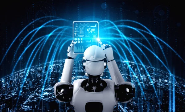 वैश्विक नेटवर्क कनेक्शन के लिए टैबलेट कंप्यूटर का उपयोग करने वाले रोबोट humanoid — स्टॉक फ़ोटो, इमेज