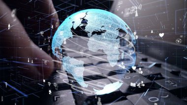 İnternet ağı grafikli bilgisayar klavyesi üzerinde çalışan adam