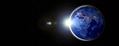 Dünya gezegeninin uzaydan görünüşü gerçekçi dünya yüzeyini ve dünya haritasını gösteriyor