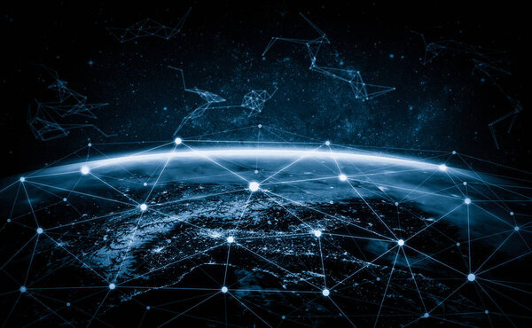 Global network connection covering the earth with lines of innovative perception