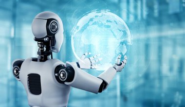 Hologram ekranı tutan yapay zeka robotu küresel iletişim kavramını gösteriyor