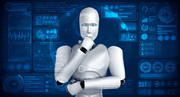 Robot humanoide de IA de pensamiento que analiza la pantalla del holograma que muestra el concepto big data — Foto de Stock