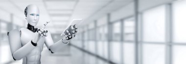 Robot insanımsı gelecekteki ofiste cep telefonu veya tablet kullan