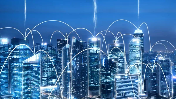 Έξυπνη ψηφιακή πόλη με την παγκοσμιοποίηση αφηρημένη γραφική απεικόνιση του δικτύου σύνδεσης — Φωτογραφία Αρχείου