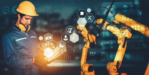 Brazos robóticos industriales inteligentes para tecnología de producción de fábrica digital —  Fotos de Stock