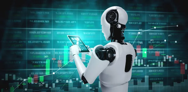 Robot humanoid using tablet computer in concept of stock market trading — Stock Photo, Image