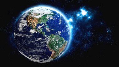 Dünya gezegeninin uzaydan görünüşü gerçekçi dünya yüzeyini ve dünya haritasını gösteriyor