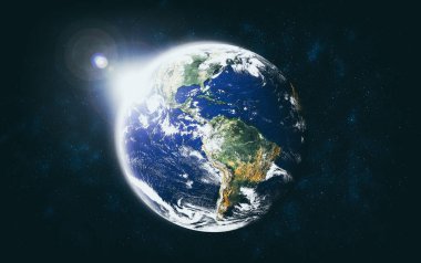 Dünya gezegeninin uzaydan görünüşü gerçekçi dünya yüzeyini ve dünya haritasını gösteriyor