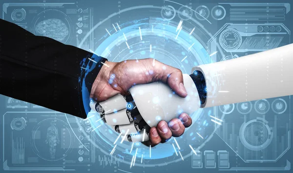 3D renderizado humanoide robot apretón de manos para colaborar con la tecnología futura — Foto de Stock