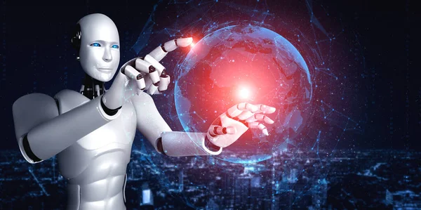 AI humanoid robot dotýkající se hologramu ukazuje koncept globální komunikace — Stock fotografie