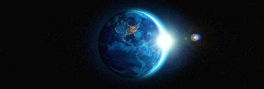 Dünya gezegeninin uzaydan görünüşü gerçekçi dünya yüzeyini ve dünya haritasını gösteriyor