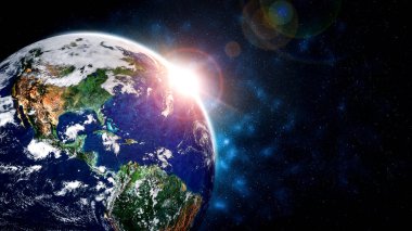 Dünya gezegeninin uzaydan görünüşü gerçekçi dünya yüzeyini ve dünya haritasını gösteriyor