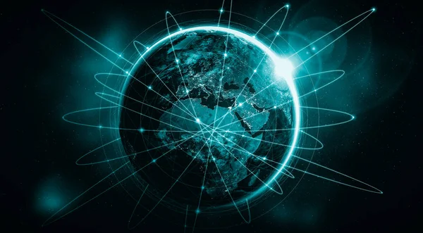 Conexión de red global que cubre la tierra con líneas de percepción innovadora —  Fotos de Stock