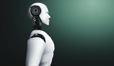 Ayakta duran insansı robot temiz bir arkaplanda ileriye bakıyor