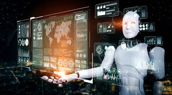 AI umanoide robot in possesso di schermo ologramma virtuale che mostra il concetto di big data — Foto Stock