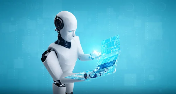 Robot humanoid use mobile phone or tablet for big data analytic