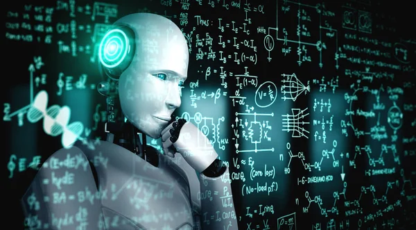 Σκέψη AI ανθρωποειδές ρομπότ ανάλυση οθόνη των μαθηματικών φόρμουλα και την επιστήμη — Φωτογραφία Αρχείου