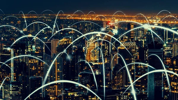 Smart digital city con globalizzazione grafica astratta che mostra la rete di connessione — Foto Stock