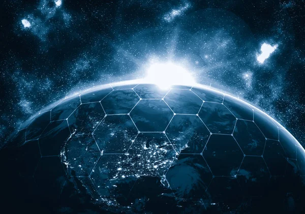 Σύνδεση παγκόσμιου δικτύου που καλύπτει τη γη με γραμμές καινοτόμου αντίληψης — Φωτογραφία Αρχείου