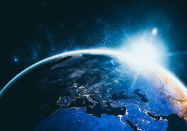 Dünya gezegeninin uzaydan görünüşü gerçekçi dünya yüzeyini ve dünya haritasını gösteriyor