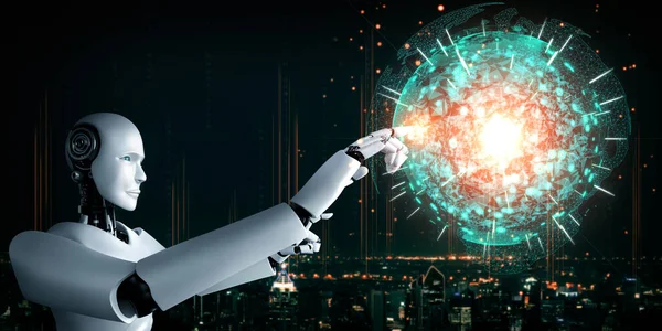 Al humanoid robot dotykając hologramu ekranu pokazuje koncepcję globalnej komunikacji — Zdjęcie stockowe