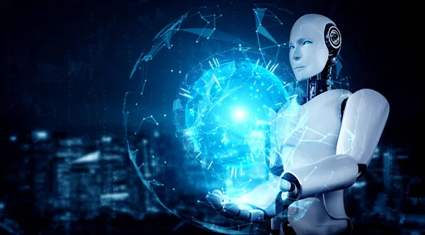 AI humanoid robot innehav hologram skärm visar begreppet global kommunikation — Stockfoto