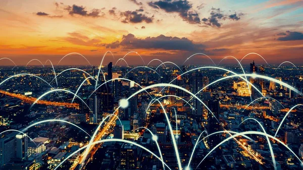 Smart digital city con globalizzazione grafica astratta che mostra la rete di connessione — Foto Stock