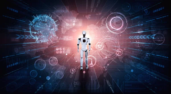 3D renderowanie robot humanoid analizując duże dane przy użyciu AI myślenia — Zdjęcie stockowe