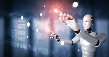 Yapay zeka robotu büyük veri kavramını gösteren sanal hologram ekranına dokunuyor