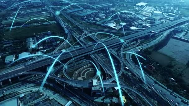Bağlantı ağının küreselleşme grafiğine sahip akıllı dijital şehir otoyolu — Stok video