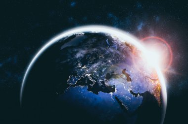 Dünya gezegeninin uzaydan görünüşü gerçekçi dünya yüzeyini ve dünya haritasını gösteriyor
