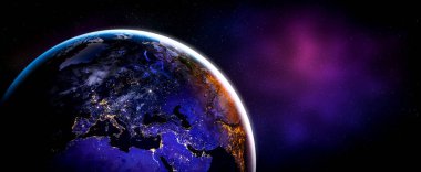 Dünya gezegeninin uzaydan görünüşü gerçekçi dünya yüzeyini ve dünya haritasını gösteriyor