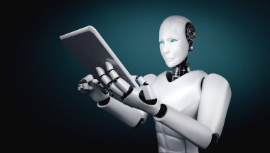 Gelecekteki ofiste tablet bilgisayar kullanan robot insanımsı