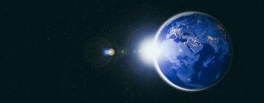 Dünya gezegeninin uzaydan görünüşü gerçekçi dünya yüzeyini ve dünya haritasını gösteriyor