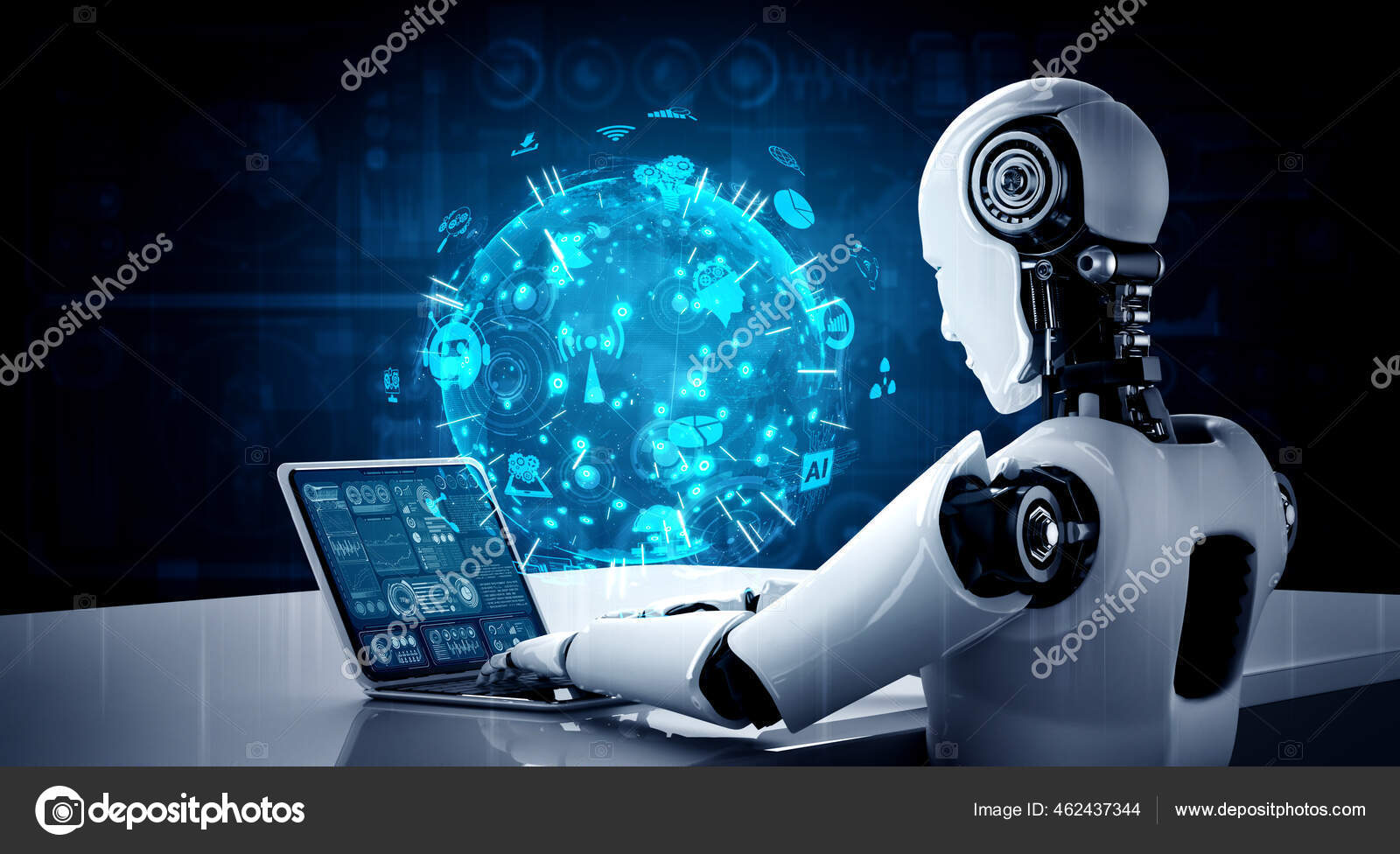 Freepik Ai Robot Programming Robot Humanoid Use Laptop And Sit At