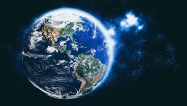 Dünya gezegeninin uzaydan görünüşü gerçekçi dünya yüzeyini ve dünya haritasını gösteriyor