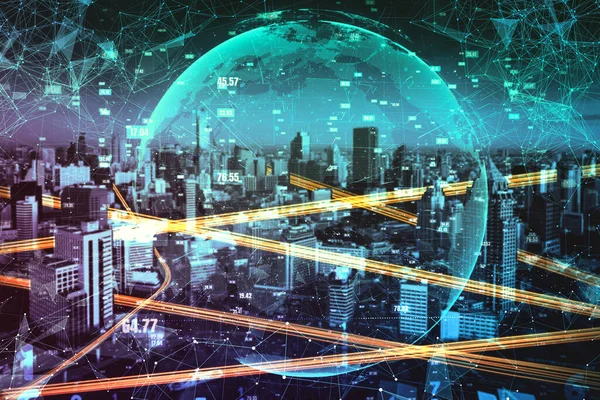 Smart city technology with futuristic graphic of digital data transfer — Stock Photo, Image